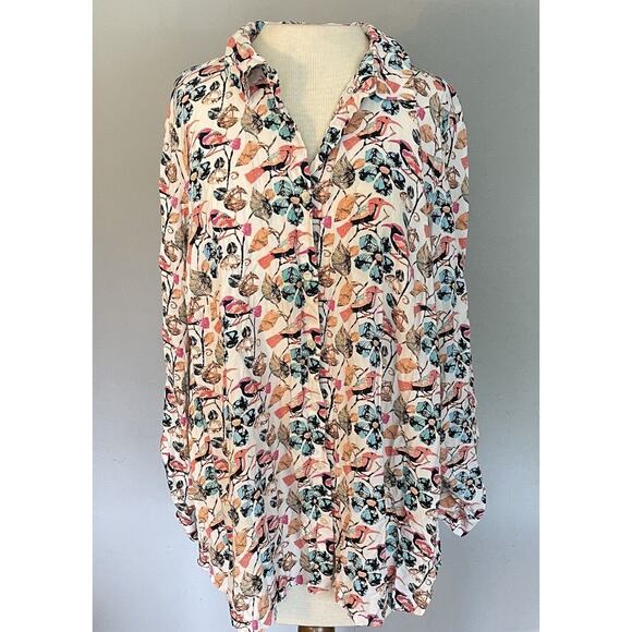 Talbots Tops - Talbots Blouse Sz 2X Bird Print Long Sleeves Roll Tab Teacher Art To Wear Casual